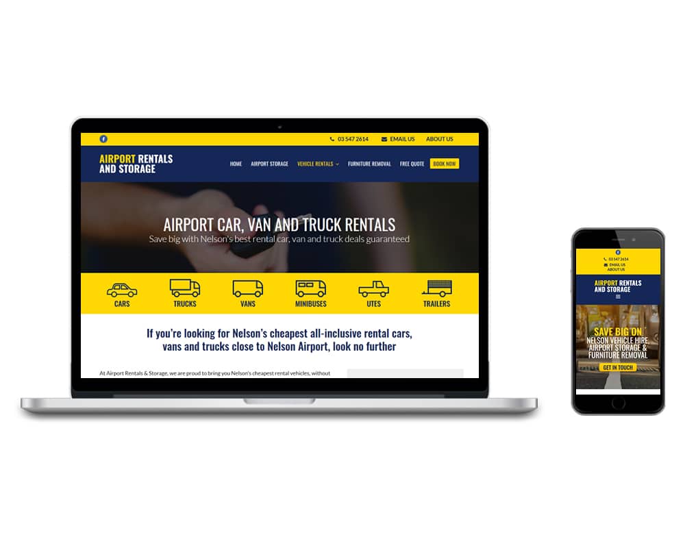 Image of Nelson Storage and Rentals website shown on a computer and a cell phone