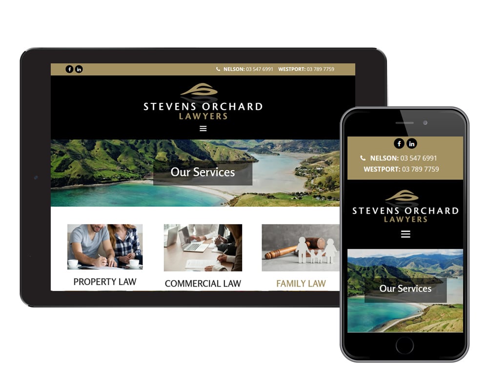 Stevens Orchard Lawyers website shown on a computer and cell phone