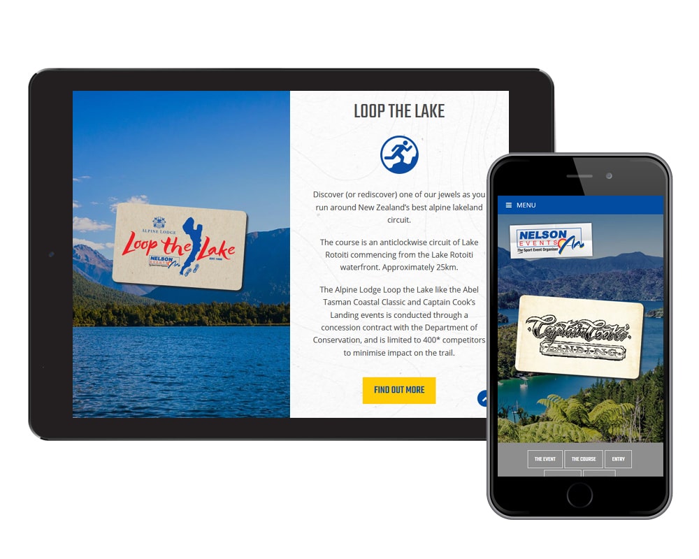 Image of Nelson events website on computer screen and a cell phone