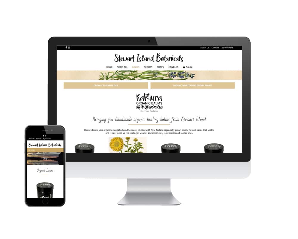 Image of Stewart Island Botanicals website on computer and cell phone